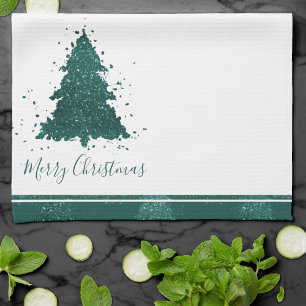 Moody Merry Christmas   Dark Midnight Teal Tree Tea Towel