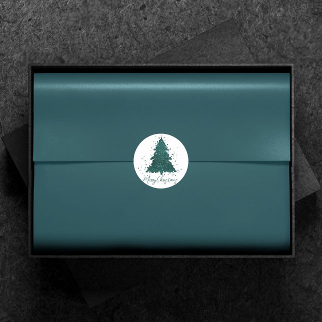 Moody Merry Christmas | Deep Midnight Teal Tree Classic Round Sticker (Creator Uploaded)