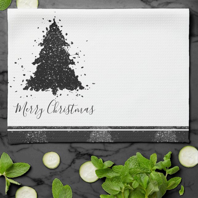 Moody Merry Christmas | Onyx Silvery Black Tree Tea Towel (Creator Uploaded)