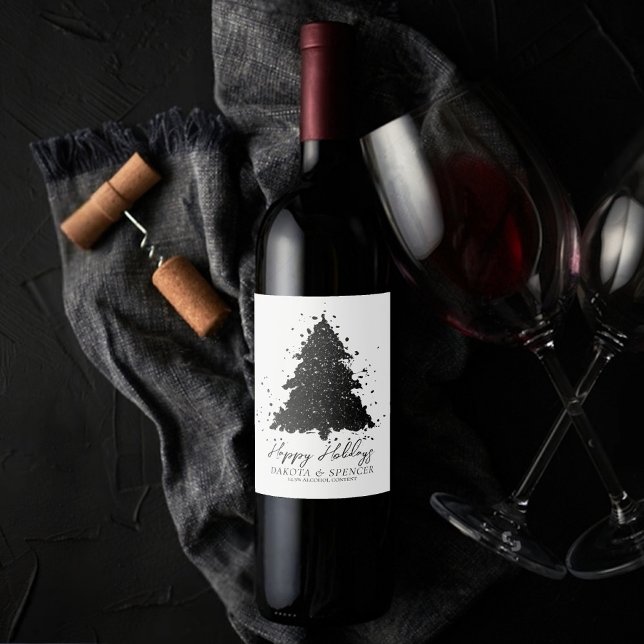 Moody Merry Christmas | Onyx Silvery Charcoal Tree Wine Label (Creator Uploaded)