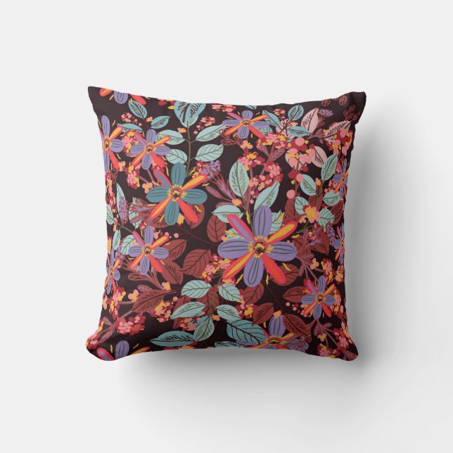 Moody Midnight Floral Folk Art Pattern Pillow (Front)