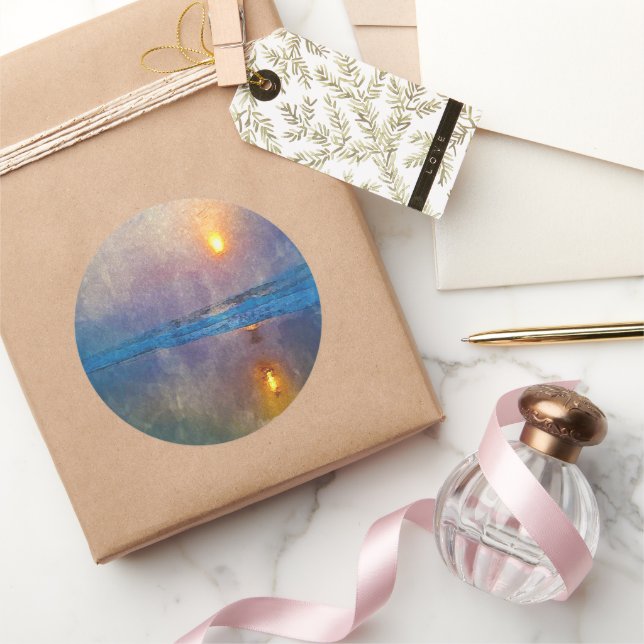 Moody misty seaside sunrise  classic round sticker (Gifting)