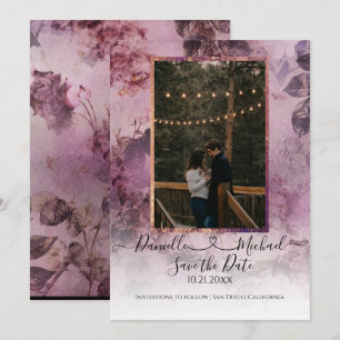 Moody Modern Floral Purple Script Heart Photo Save The Date