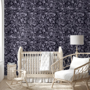 Moody Monochrome Deep Navy Blue Floral Pattern Wallpaper