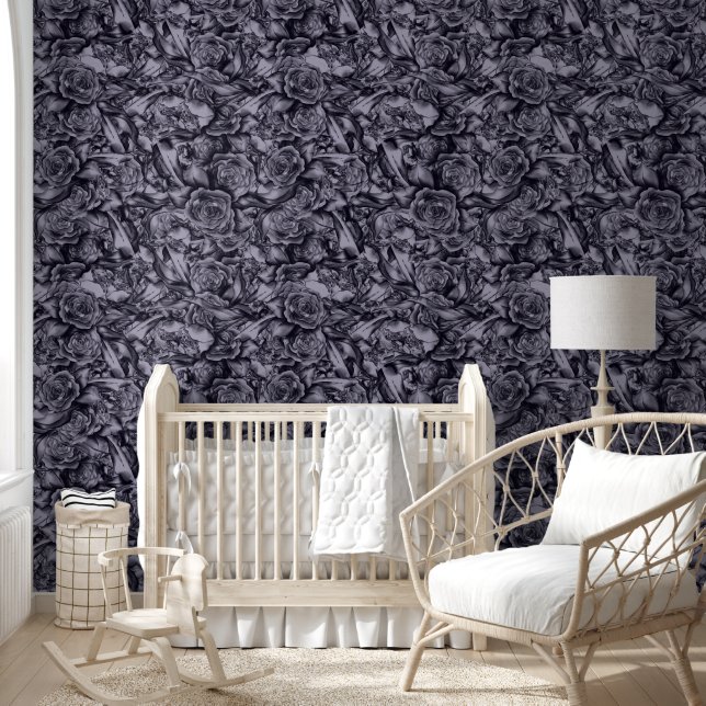 Moody Monochrome Deep Navy Blue Floral Pattern Wallpaper (Kids)