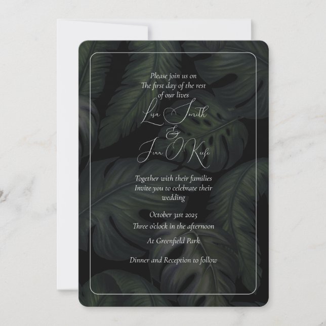 Moody Monsteras Watercolor Wedding Invitation (Front)