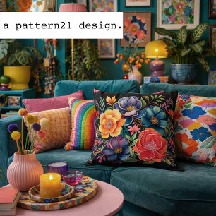 Moody Multicolor floral on black pattern Cushion