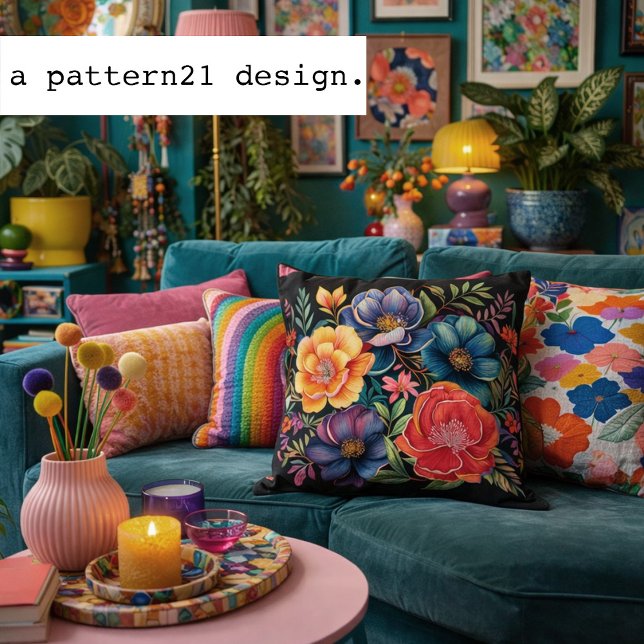 Moody Multicolor floral on black pattern Cushion (Creator Uploaded)