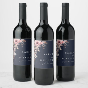 Moody Navy Blue Dusty Pink Floral Wedding Wine Label