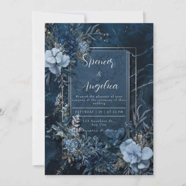 Moody Navy Blue Floral Wedding Invitation (Front)