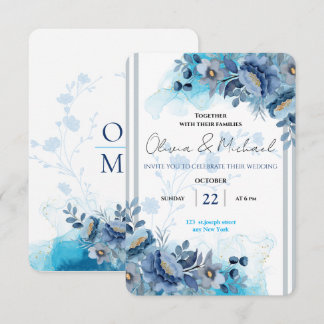 Moody Navy Blue & Midnight Blue Watercolor Floral  Save The Date