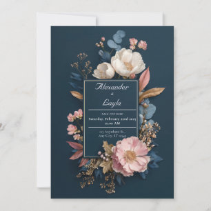 Moody Navy Blush Pink White Floral Wedding Invitation