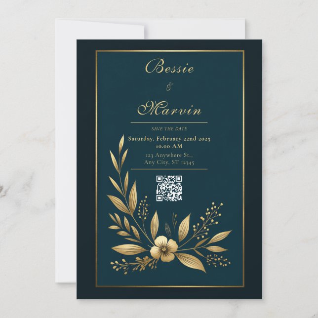 Moody Navy Gold Botanical Wedding Invitation (Front)