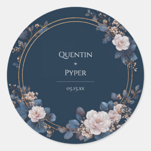 Moody Navy Gold Floral Wreath Wedding Classic Round Sticker