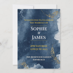 Moody Navy Ink Wash Gold Botanical Wedding Invitation