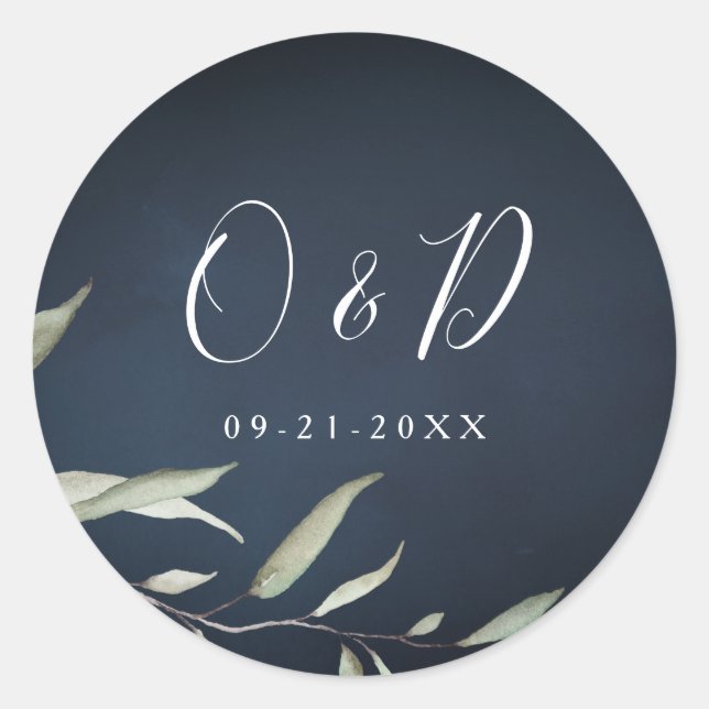 moody navy minimal botanical greenery monogram classic round sticker (Front)