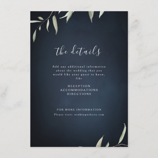 Moody navy minimal botanical greenery wedding enclosure card (Front)