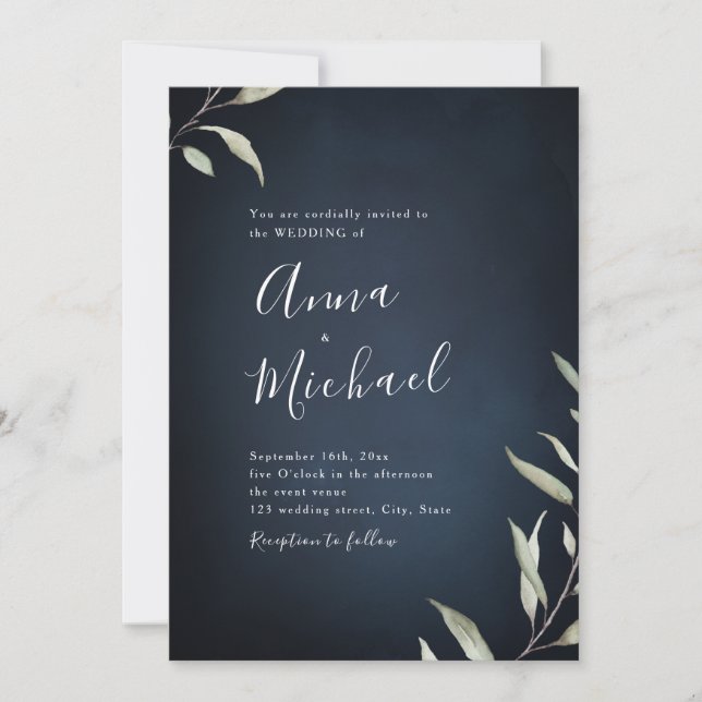 Moody navy minimal botanical greenery wedding invitation (Front)