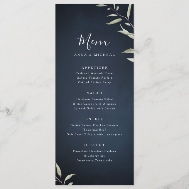 moody navy minimal botanical greenery wedding menu (Front)