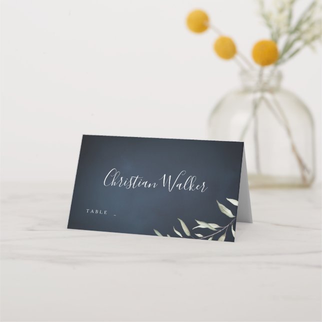 moody navy minimal botanical greenery wedding place card (Front)