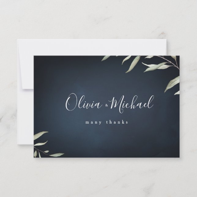 Moody navy minimal botanical greenery wedding thank you card (Front)