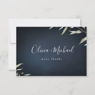Moody navy minimal botanical greenery wedding thank you card