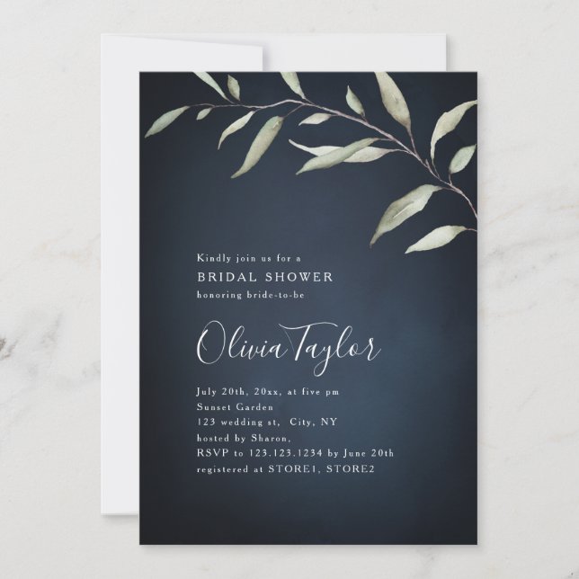 Moody navy minimal greenery bridal shower invitation (Front)