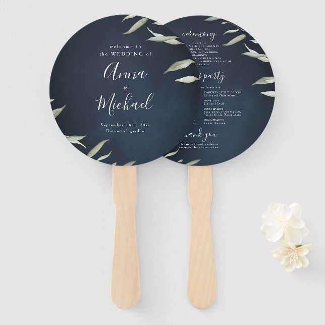 Moody navy minimal greenery rustic wedding program hand fan (Front and Back)