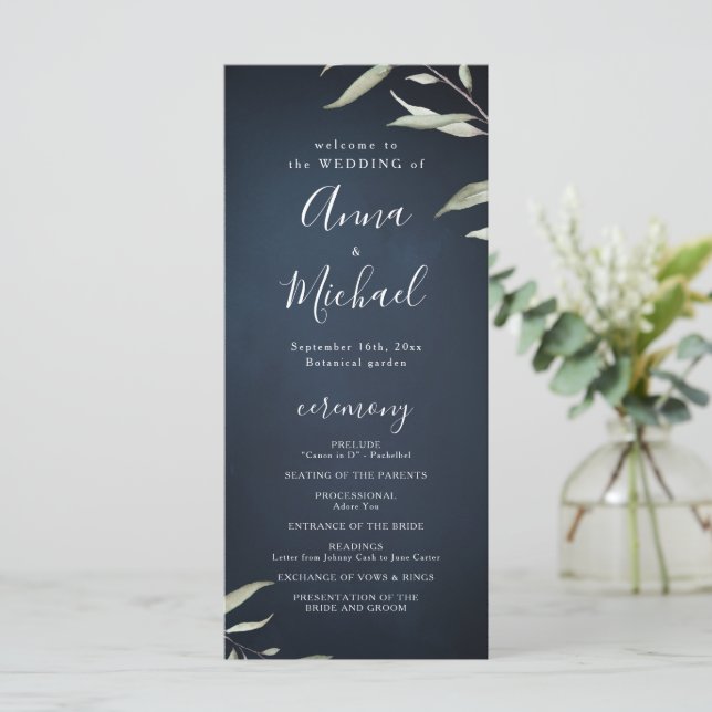 Moody navy minimal greenery rustic wedding program menu (Standing Front)