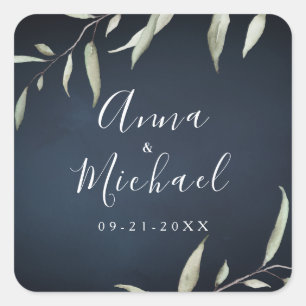 moody navy minimal greenery wedding favour square sticker