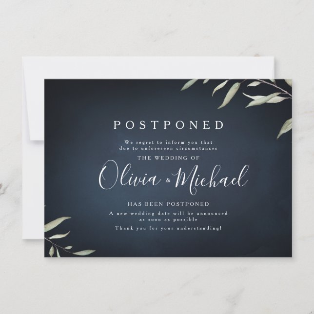 Moody navy minimal greenery wedding postponement invitation (Front)