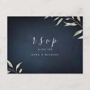 Moody navy minimal greenery wedding RSVP Invitation Postcard