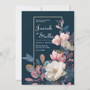 Moody Navy Pink Rose White Anemone Floral Wedding Invitation