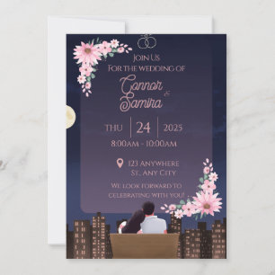 Moody Night Cityscape Pink Floral Wedding Invitati Invitation