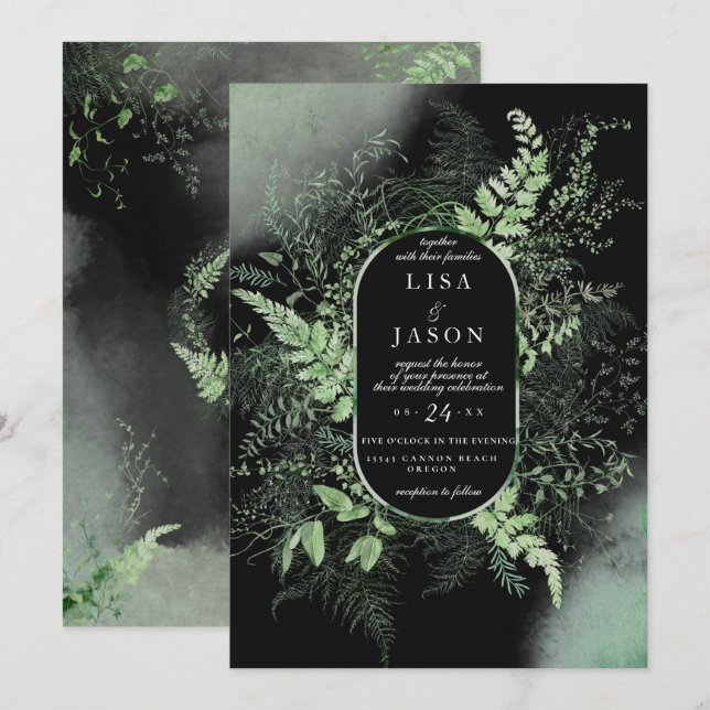 Moody Night Misty Fog Woodland Greenery Wedding Invitation (Front/Back)