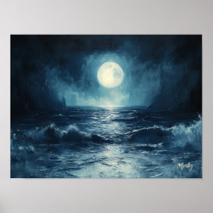 Moody Ocean Moonlight Scene with Waves Crashing Poster