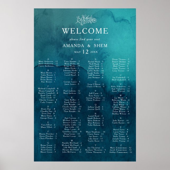 Moody Ocean Watercolor Alphabetical Seating Chart (Front)