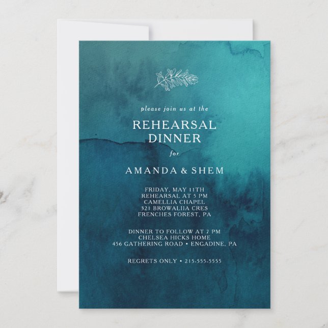 Moody Ocean Watercolor Rehearsal Dinner Invitation (Front)