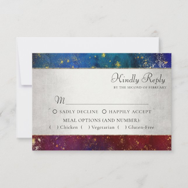 Moody Ombre | Dark Jewel Tone Gold Stars Entree RSVP Card (Front)