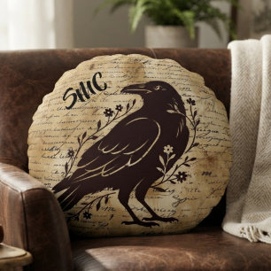 Moody Onyx Dark Academia Raven Book Nook Round Cushion