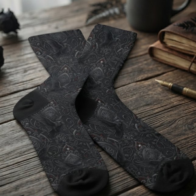 Moody Onyx Gothic Cathedral Raven Design Socks (Raven pattern socks for dark academia fans' autumn daily wear.)