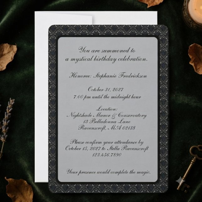 Moody Onyx Gothic Damask Party Theme Invitation (Onyx gothic damask invitation for mystical birthday celebration.)