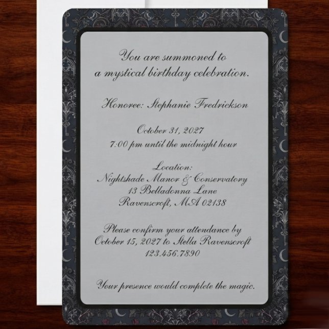 Moody Onyx Gothic Damask Raven Invitation (Moody gothic birthday invitation for dark academia lovers celebrating a special milestone.)