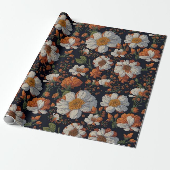 Moody orange white elegant retro flowers wrapping paper (Unrolled)