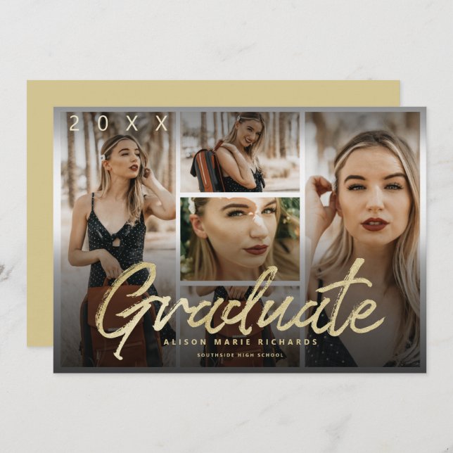 Moody Overlay Gold Script Graduation Photos Card (Front/Back)