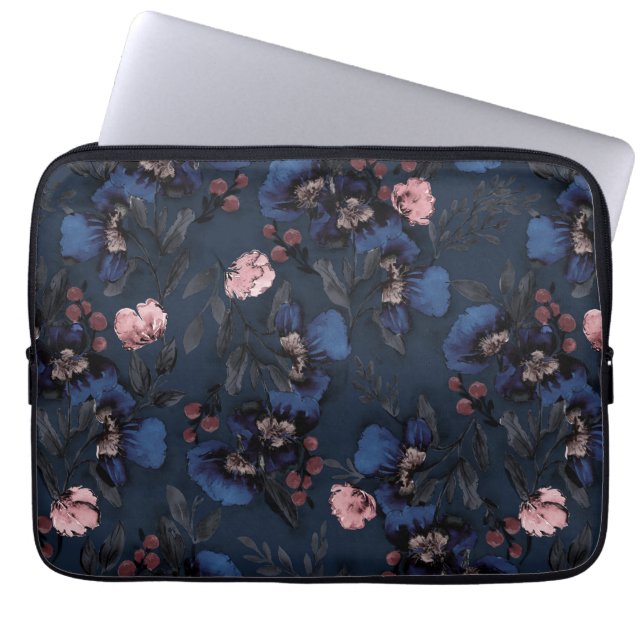 Moody, Painterly Watercolor Florals and Berries Laptop Sleeve (Front)