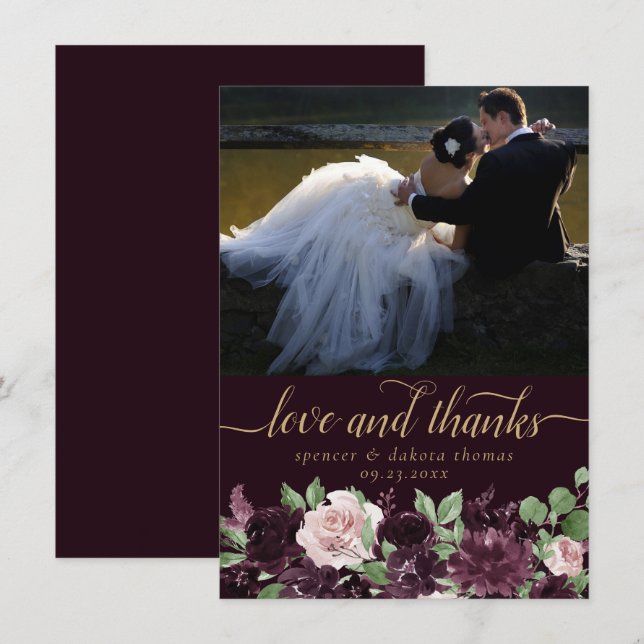 Moody Passion | Dramatic Purple Wine Floral Photo Thank You Card (Front/Back)