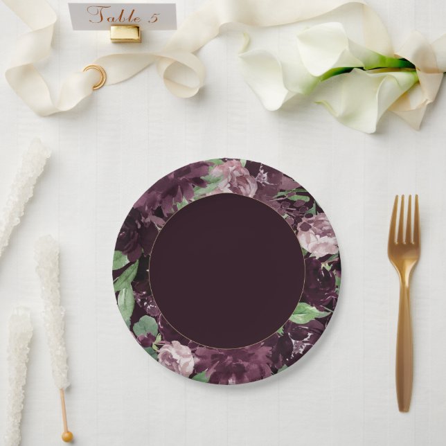 Moody Passion | Dramatic Purple Wine Rose Wreath Paper Plate (Wedding)