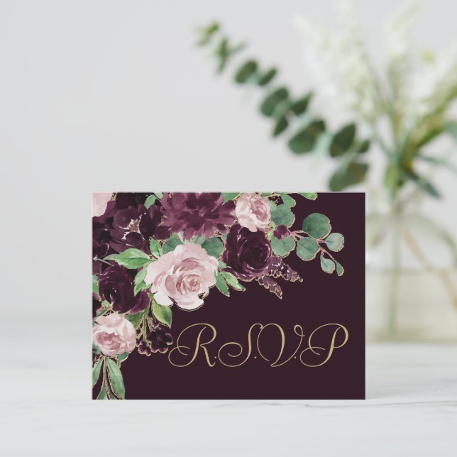 Moody Passions | Dramatic Purple Roses Entree RSVP Postcard (Standing Front)