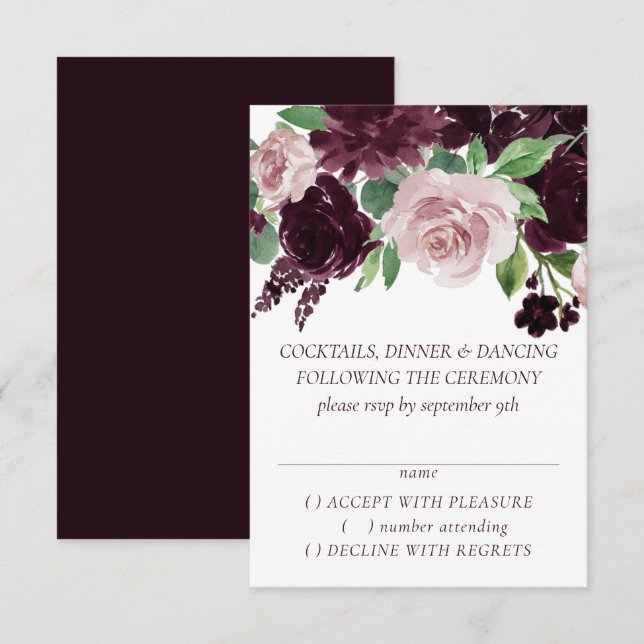 Moody Passions | Dramatic Purple Wine Rose Garland RSVP Card (Front/Back)